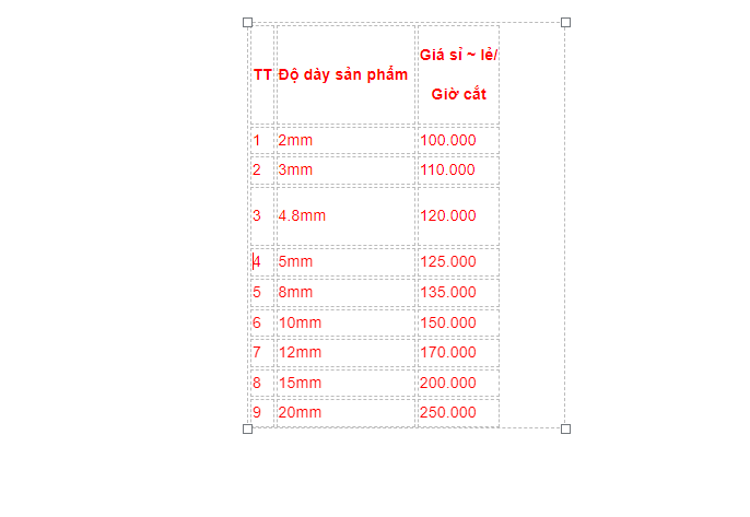 bảng báo giá cắt gia công mica laser